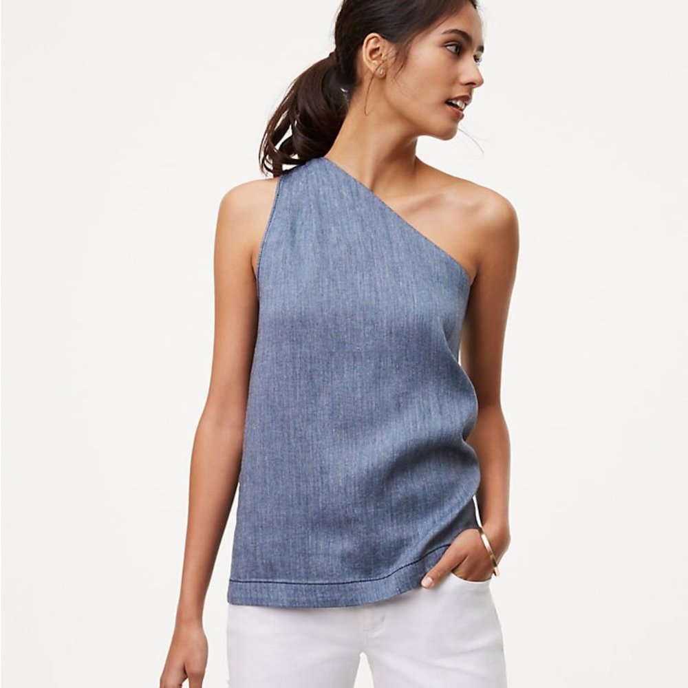 LOFT One-Shoulder Chambray Blue Top